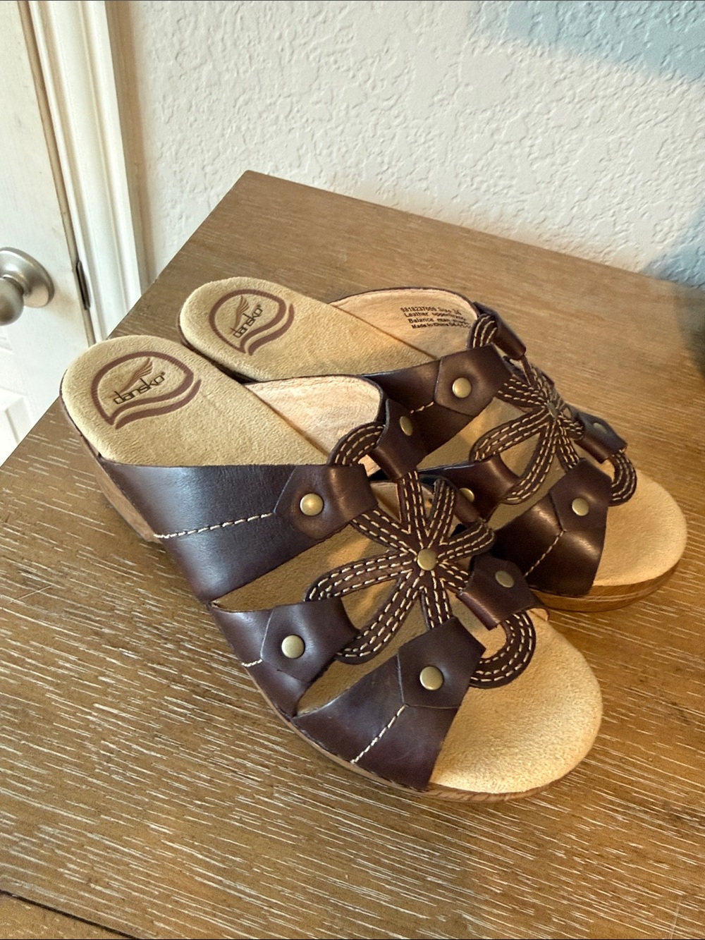 Dansko Serena Floral Laser Cut Brown Leather Heeled Sandals 36